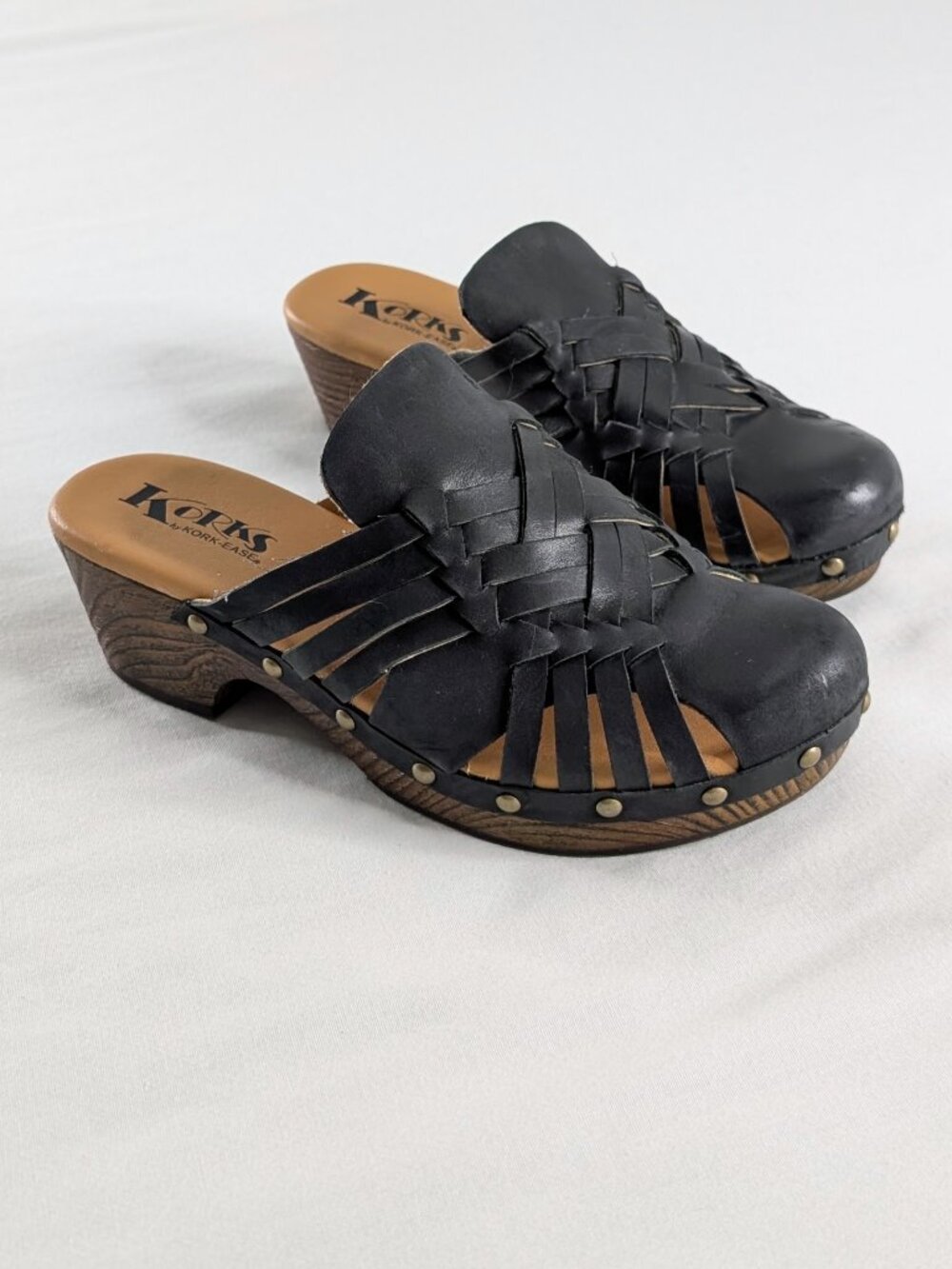 Black Woven Leather Kork Ease Metal Studded Platform Chunky Heel Clogs Y2k Style